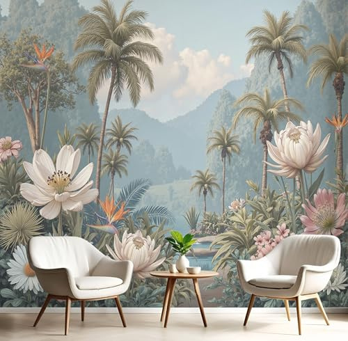 Papier Peint Soie Panoramique 3D Rose Vert Fleurs De Palmier Poster Geant Mural Aquarelle De La Jungle Pour Salon Chambre Chambre Bureau Couloir Peinture Restaurant Décoration Murale 150X105Cm