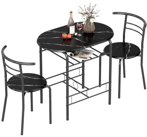 HOMCOM 3-Piece Dining Table and Chairs Set Marble-Effect Top Black | Breakfast Bar Table and 2 Chairs, Storage Shelf, Metal Frame, Dining Room Set, Living Room, Small Space