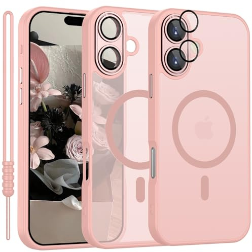 Cover Magnetica per iPhone 16 Compatibile con MagSafe, Custodia per iPhone 16 Traslucida Opaca Case Ultra-Sottile Anti-Scivolo Resistente ai Graffi, Rosa