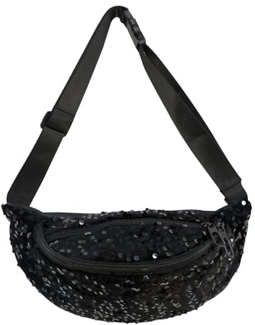 Hernin Bauchtasche Pailletten Damen Hüfttasche Glänzende Umhängetasche mit verstellbarem Riemen Glitzer Gürteltasche Stylisch Fanny Pack für Outdoor Reise Party Festival (Modell 1–Schwarz)