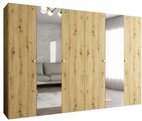 MEBLE KRYSPOL - Kleiderschrank - Garderobenschrank - 300 cm x 202 x 52 cm - Schrank mit Kleiderstange und Spiegel, 6 Türen - für Schlafzimmer, Flur - Parma, Artisan-Eiche, Griff Silber