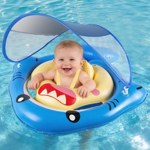 NYOBABE Flotador Bebe para 6-36 Meses, Flotador Bebe con Sombrilla UPF 50+ y Doble Cámara de Aire, Asiento de Seguridad Ajustable, Cámara de Aire Trasera Antivuelco, Flotador para Bebés 1-3 Año, Azul