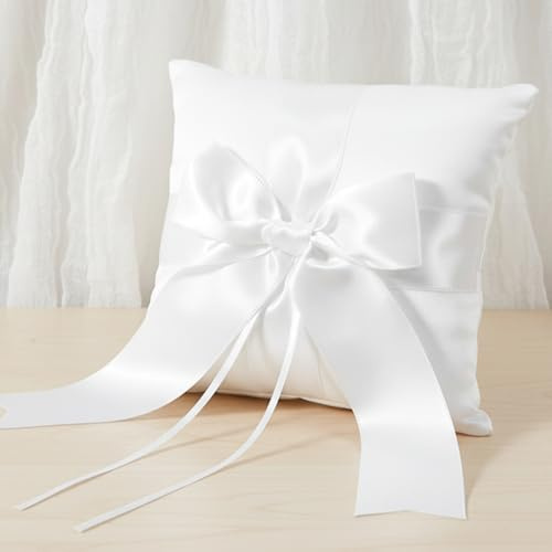 Skrfren Satinband Hochzeit Ringkissen, Weiß Ring Bearer Kissen Mit Schöne Bowknot Weiß Brautkissen Träger Ehering Kissen Mit Simulation Perle Für Verlobung Oder Eheringe Vintage, 15 X15cm