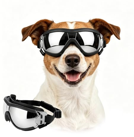 Enjoying Hundebrille Mittlere UV-Schutz, Sonnenbrille für Hunde Kleine bis Mittlere Rassen, Anti-Nebel Winddicht Staubschutz, Welpen Fahrbrille Augenschutz, Verstellbare Bänder, Trends Schwarz