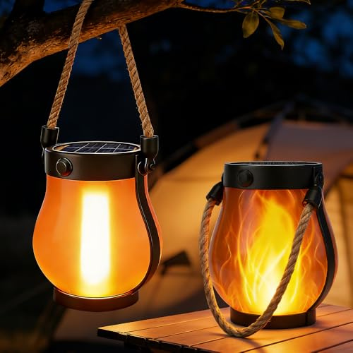 2 Stück Solarlampen für Außen Hängend, Solarlaterne für Außen mit Flackernder Flamme Flammen Solar Laternen für Draußen Hängend mit Doppelauflademodi Solar&USB für Draußen Garten Balkon Terrasse Hof