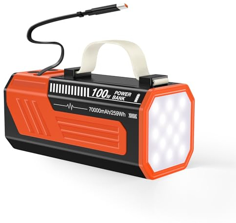Laptop Powerbank 70000mAh, Power Bank 100W USB-C mit integriertem & einziehbarem Kabel, Externer Akku mit LED-Taschenlampe für Laptop, iPhone, iPad, Tablet, Samsung Travel Camping Outdoor (Orange)