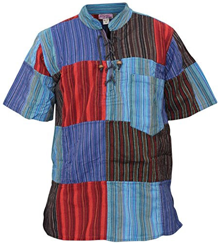 SHOPOHOLIC FASHION Mens Half Sleeve Patch Hippie Grandad Shirt (L, Stripe Patchwork)
