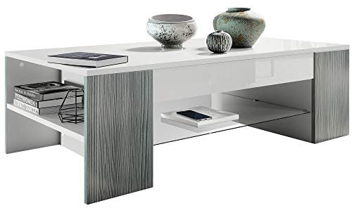 Vladon Couchtisch Clip, Made in Germany, Wohnzimmertisch mit 2 Seitenfächern und 1 Glasplatte, Weiß matt/Avola-Anthrazit (118 x 37 x 60 cm)