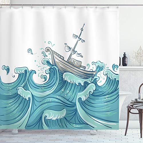 ABAKUHAUS Nautisch Duschvorhang, Schiff und Ozean-Wellen, Stoffliches Gewebe Badezimmerdekorationsset mit Haken, 175 x 240 cm, Aqua Taupe