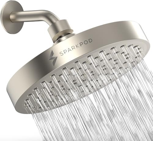 SparkPod Feststehender Duschkopf - Duschkopf Rund Groß - Hoher Druck Regen - Einfache Werkzeugfreie Installation - Verstellbarer Ersatz - Rain Shower Head - Wasserfall Duschkopf - Nickel gebürstet