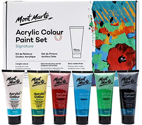 MONT MARTE Signature Acrylic Colour Paint Set, 6 x 75ml (2.5oz), Semi-Matte Finish, 6 Colours, Suitable for Most Surfaces Including Canvas, Card, Paper and Wood