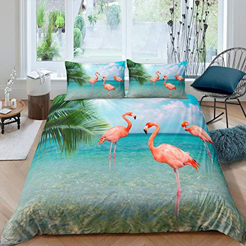 Loussiesd Flamingo Bettwäscheset 135x200cm Sommer Strand Ozean Thema Bettwäsche für Kinder Mädchen Rosa Flamingo Tropische Palmblätter Bettbezug Set Weich atmungsaktiv Mikrofaser Betten Set