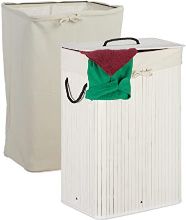 Relaxdays Panier lessive bambou, corbeille pliable et couvercle, 80 l, 2 sacs à lessive, rectangulaire, 66x44x34cm,blanc