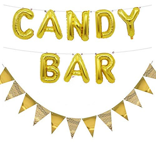 Ouceanwin Candy Bar Gold Dekoration Set, Folienballon Candy Bar Buchstaben Luftballons und 12pcs Glitter Wimpel Girlande Banner für Hochzeit Party Weihnachten Geburtstag Deco Event Supplies