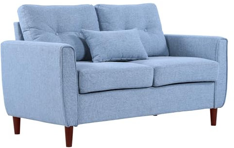HOMCOM 2 Seater Sofa with Spring Cushion, Fabric Sofa with Wooden Legs, Modern Love Seat for Living Room, 140cm Width Tufted Couch for Bedroom, Light Blue