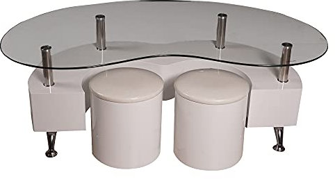Dmora Table basse décorative moderne, plateau en verre et structure en acier, Table basse avec pouf coulissant pour salon, 130x70h45 cm, Couleur Blanc