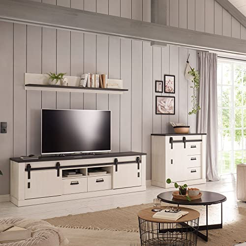 Wohnwand TV-Wand Pinie weiß Nb. mit anthrazit 3-teilig Landhausstil, TV-Lowboard, Wandboard, Kommode