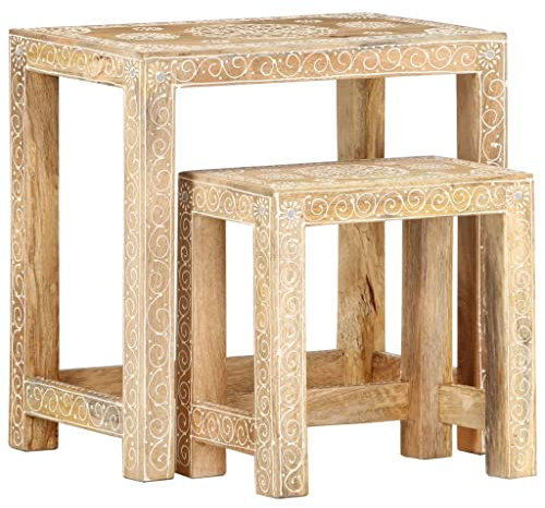 vidaXL 2X Mangoholz Massiv Beistelltisch Handbemalt Nachttisch Couchtisch Hocker Sitzhocker Telefontisch Wohnzimmertisch Teetisch Satztisch