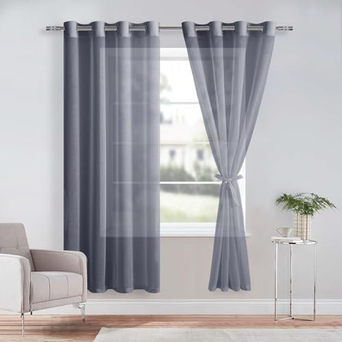 DWCN Sheer Voile Vorhang Transparente Gardine mit Ösen 2 Stücke Ösenschal für Wohnzimmer, Babyroom,Schlafzimmer, Dunkelgrau, 210x132cm(HxB)
