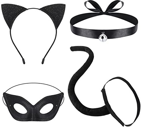 Hifot 4 Stück Katzenkostüm Damen,Katzenohren Haarreif Schwanz Halskette Masken,Tier Kostüm Set Halloween Karneval Cosplay Party