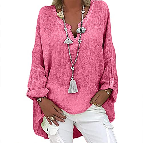 Susenstone Chemisier Femme Coton Lin Eté Chic T-Shirt Manches Longues Oversized Lin Blouse Tunique Casual Col V Couleur Unie Hauts Sexy Mode Lâche Respirant Chemise Tops Rose XXL