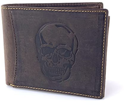 BUFFALO HILL Geldbörse I Totenkopf Motiv I Büffelleder Portmonee I Echtleder Geldbeutel I Querformat Portemonnaie Herren I RFID-Schutz I Ledergeldbörse mit Münzfach I 9 Kartenfächer I 2394 Dunkelbraun
