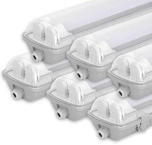 Sonnewelt LED Feuchtraumleuchte 120 cm 6 Stück 6000K Kaltweiß 2x 18W LED-Röhre 3600lm Flimmerfrei T8 Werkstattlampe IP65 Wasserfest Wannenleuchte Leuchte für Garage Keller Bad Büro Warenhaus