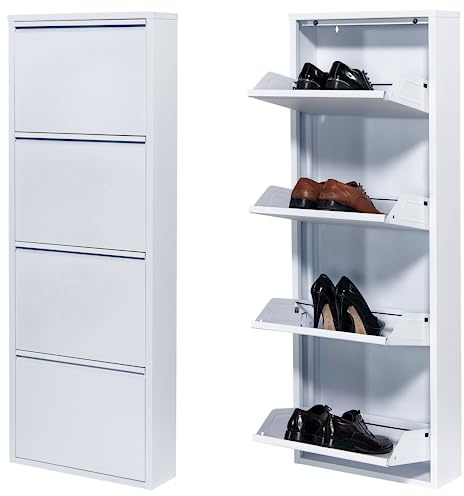 Atahome Slim Shoe Cabinet Narrow Shoe Storage Cabinet for hallway wall mounted thin flip down Tall Metal Shoe Rack Storage Organiser Shoe cupboard Indoor Troy 4-Drawer (White)