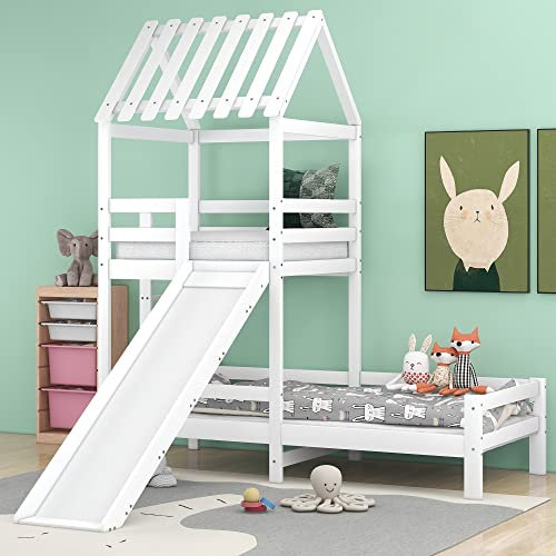 Dolamaní Hochbett mit Rutsche 90 x 200 cm und Bett darunter 90x100 cm, Hausbett mit Leiter, Rutschbett mit Dach, Spielturmbett mit Fallschutz und Gitter, weiß