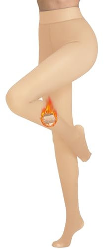 Vertvie Damen Thermo Strumpfhose Translucent Winter Leggings mit Innenfleece High Waist Gefütterte Plüschstrümpfe Durchscheinend Warmhaltende Stretch Beinwärmer Pantyhose(1pc Beige, 300g für -5~10℃)