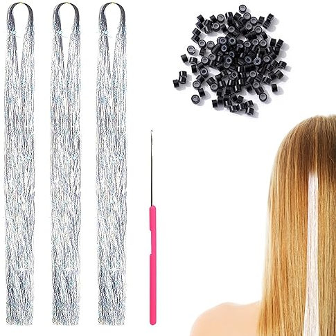 600 Glitzer Haarsträhnen Lametta für Haare, 120cm Tinsel Hair Extensions Glitter, Glitter Hair Tinsel, Silber Hair Tinsel, für Frauen Mädchen Kinder Cosplay Party Zubehör
