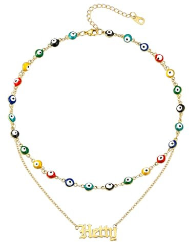 FOCALOOK Namenskette Gold Kette Zweireihig Nazar Boncugu Kette Kette Layer Edelstahl Choker Kette Doppelreihige Halskette Böse Blick Kette Dreireihig Damen Accessoires Nazar Amulett Schmuck