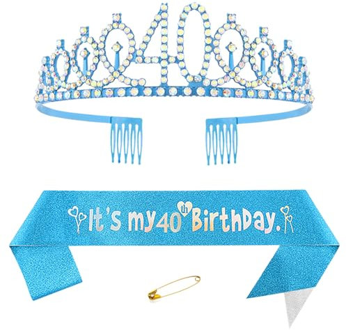 40 cumpleaños corona y faja para mujer cristal reina tiara princesa corona azul cumpleaños banda 40th corona de cumpleaños mujer banda de cumpleaños mujeres cumpleaños decoración cumpleaños regalo de