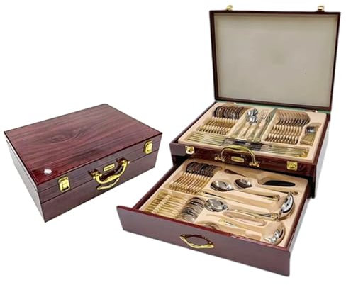 Juego de Cubiertos, 84 Piezas, Regalo con Diseño de Caja de Madera Dorada Pulida con Espejo, Juego de Cubiertos de Acero Inoxidable para Fiesta de Aniversario de Bodas