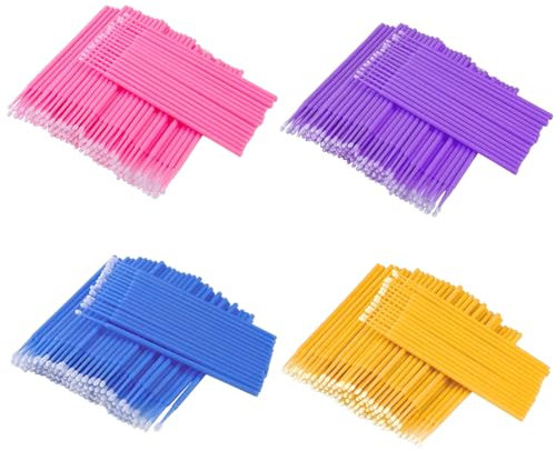 400 Stück Einweg Microbürsten Wimpernverlängerung, Micro Applikatoren Pinsel Kopf Biegbare Ultrafeine, Microbürstchen für Wimpernverlängerung, Lashes Graft, Makeup, Mundpflege (Lila+Blau+Rosa+Gelb)