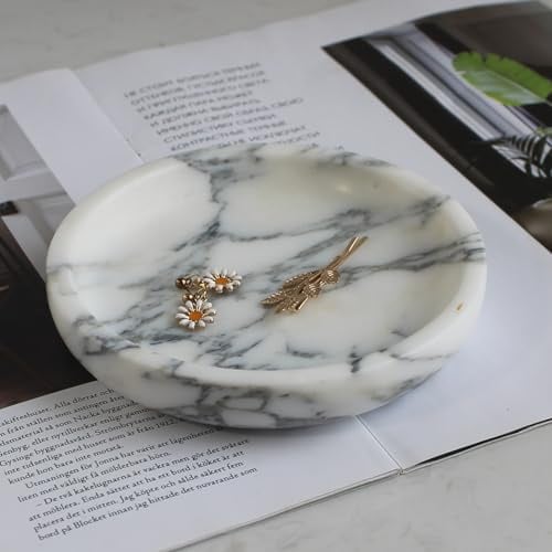 Nawgnail Schmuckschale aus natürlichem Travertin-Marmor, 14 cm, Schmuckschale für Ringe, Ohrringe, Geschenk für Frau, Tochter, Arabescato Calacatta