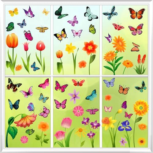 Frühling Fensteraufkleber,Frühling Sommer Schmetterlinge Deko,Fensterbilder Ostern Selbstklebend,9 Blätter Fensterbilder Kinderzimmer Fensterdeko Frühling für Kinderzimmer Party Zubehör