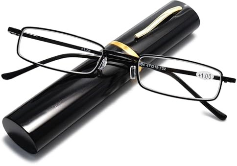 ABETOS Slim Pen Reading Glasses Blue Light Blocking Metal Readers In Tube Case Superlight Spring Hinge Pocket Portable Eyewear Thin Travel Eyeglasses 1.0+ 1.5+ 2.0+ 2.5+ 3.0+, Black+2.5