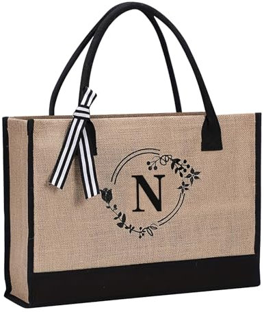 Bolsa de yute con inicial, bolsa de lona impresa con letras de flores personalizadas para mujeres/hombres, bolsa de playa de lona reutilizable para uso diario, viajes, comestibles, picnic, N,