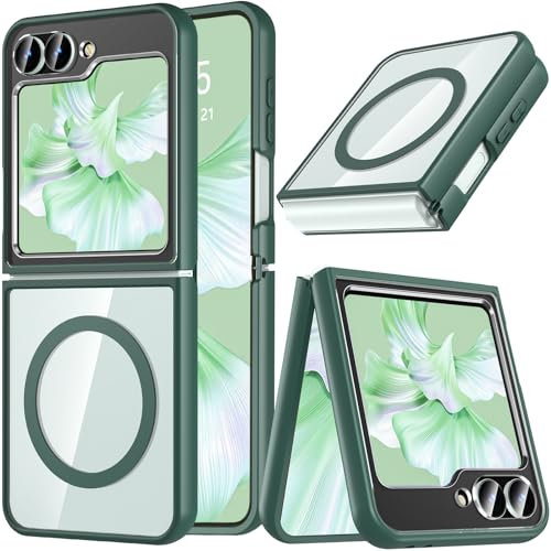BESINPO Magnetic Case for Samsung Galaxy Z Flip 7 FE/Galaxy Z Flip 6, Compatible with MagSafe Accessories, Shockproof Anti-Scratch Hard PC Protective Transparent Back Phone Cover (Green)