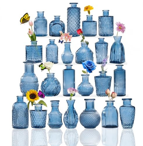 Juego de 24 jarrones de Cristal pequeños para decoración de Mesa, Boda, recepción, hogar, Botellas Vintage Transparentes, jarrones Decorativos de Cristal con Tapas (24, Azul)