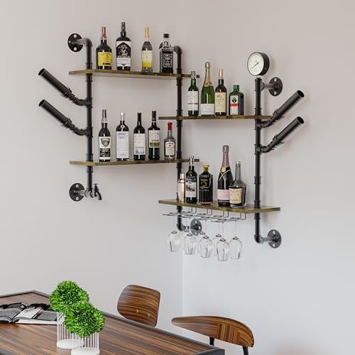 unho Étagère a Bouteille Mural à 4 Niveaux: Casier à Bouteilles Suspendu Porte Bouteille Industriel Rangement Vin Design pour Cuisine Salon Bureau - Noir et Marron