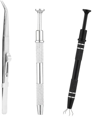 3pcs Jewelry Pickup Tools, Premium Aluminum Alloy Piercing Ball Screw Claw Removal Tool with Stainless Steel Elbow Tweezers for Jewelry Small Parts(Silver, Black)