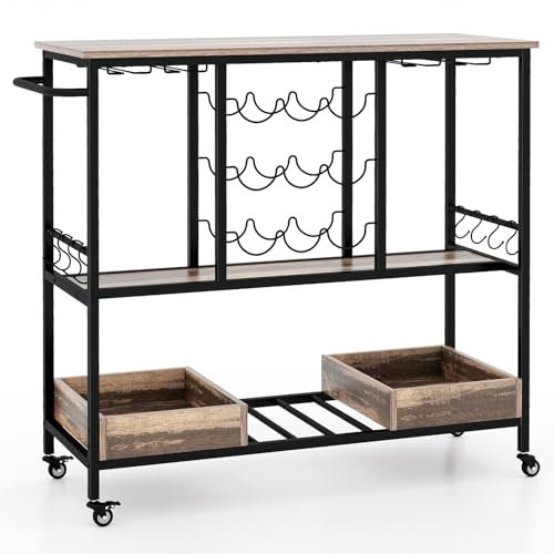 GiantexUK 3-Tier Kitchen Serving Cart, Metal Frame Home Bar Trolley with 9-Bottle Wine Rack, Glass Holder, Lockable Wheels & 2 Tray, Rolling Drink Cart for Dining Living Room (Vintage Brown)