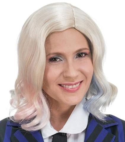 Chaks - Wednesday Perücke Enid Sinclair, mit blonden Locken und pink-blauen Strähnen, Kunsthaar, Zubehör für Kostüme