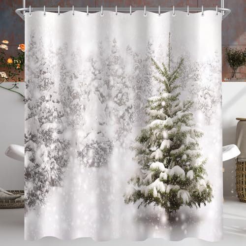 Lerores Duschvorhang 180x200cm Weihnachtsbaum, Beschwerter Saum Antischimmel Textil, Wasserabweisend, Waschbar Polyester Badevorhänge mit Ösen und 12 Duschvorhangringe für Badezimmer, Badewanne