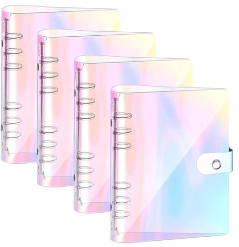 4 Stück Ringbuch A5 Nachfüllbar Notizbuch Ringbuchordner Transparente Rainbow Ringbuch Weicher PVC Einband 6 Ring Binder A5 Nachfüllbar 6 Löcher Notizpapier Binder Taschen