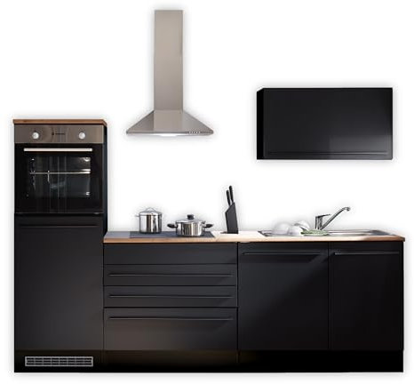 Jazz 6 Moderne Küchenzeile mit Elektrogeräten in Schwarz matt, Lanzelot Eiche Optik - Geräumige Einbauküche mit viel Stauraum - 260 x 200 x 60 cm (B/H/T)