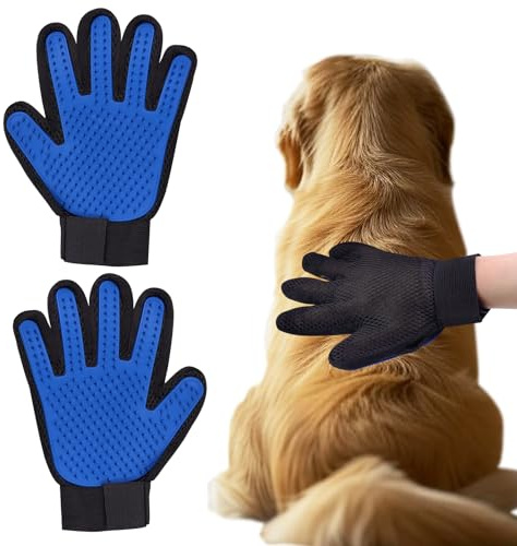 Gants d'épilation pour animaux de compagnie - Gants de toilettage efficaces pour chien, chat, lapins et chevaux avec fourrure longue ou courte - 1 paire (bleu) - Brosse douce de massage et de perte de