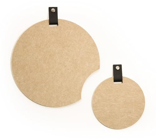 Pinnwand, Memoboard, rund, Wanddekoration, Akustikbild, Kunstwerk, Kunstobjekt, Akustik Filz Paneel, zweiteilig, Echtleder Riemen 50x47cm Inneneinrichtung (Schilfbeige)